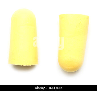 Due tappi per le orecchie del giallo isolato su sfondo bianco Foto Stock