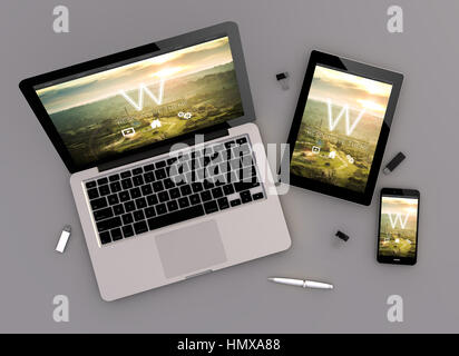 3D rendering del modello di sito web dispositivi sensibili con computer laptop, tablet pc e smartphone touchscreen. Vista Zenith. Tutti i grafici dello schermo sono m Foto Stock