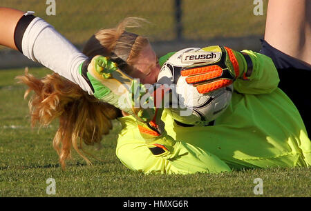 Eldridge, Iowa, USA. Il 6 giugno, 2016. Xavier goalie Sarah Bouska ottiene la sua testa pascolato dal piede del Nord di Scott Kundel Brenna, lunedì, 6 giugno 2016, durante la seconda metà azione della classe 2A finale regionale in Eldridge. Lancieri ha vinto 2-1 per avanzare allo stato torneo. Credito: John Schultz/Quad-City volte/ZUMA filo/Alamy Live News Foto Stock