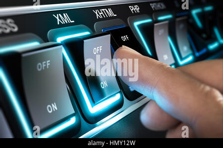 Molti dei pulsanti in una fila con linguaggi di programmazione diversi nomi. Un dito è premendo il pulsante XML. Composite tra un'immagine e un 3D sfondo. Foto Stock