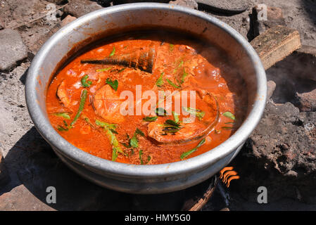 Piccante e speziato Kerala Pesce al Curry molte fette di pesce con peperoncino rosso con sugo di carne. Gustosi piatti fatti in casa il cibo indiano cucinato in una cucina rurale Foto Stock