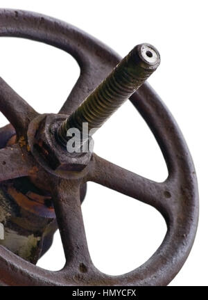 Valvola industriale ruota e stelo, vecchio di età Weathered Rusty Grunge Latch Closeup isolato Foto Stock