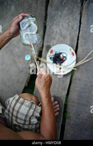 Un uomo si prepara Lao Lao whiskey nel villaggio di whisky, noto come Ban Xang Hai. Un villaggio Lao sul percorso a Pak Ou Grotte del Mekong. Serpenti, insetti e bug Foto Stock