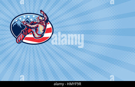 Business card mostra illustrazione di uno snowboard spin saltando sul set di snowboard all'interno ovale con alpine montagne delle Alpi e star americane e del nastro Foto Stock