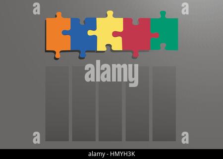 Cinque colorate i pezzi del puzzle sono collegati. Al di sotto di esse sono vuote verticalmente il grigio scuro dei rettangoli. Tutto è in grigio il gradiente dello sfondo con la luce Illustrazione Vettoriale