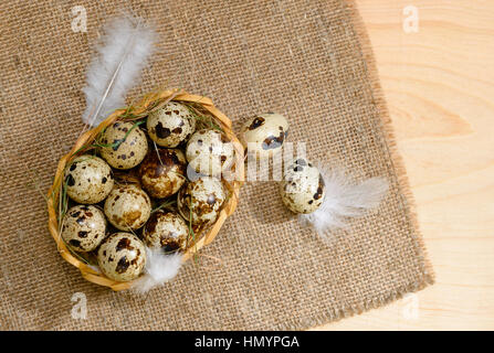 Vista dall'alto di uova di quaglia con paglia e piume in cesto su un letto di sacco, Pasqua concetto, close up Foto Stock