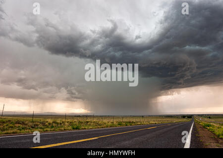 Temporale con nuvole scure e pioggia intensa vicino a Springer, New Mexico Foto Stock