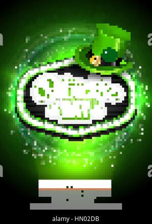 Saint Patricks giorno invito design della scheda con il tesoro di Leprechaun sfocate su sfondo verde. Lettering calligrafico iscrizione felice il giorno di San Patrizio. Illustrazione Vettoriale. Illustrazione Vettoriale