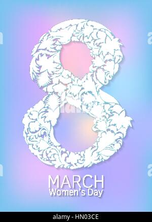 Abstract Bianco Rosa Floral Greeting card - International felice giornata della donna - 8 Marzo vacanza sfondo con carta tagliata telaio fiori. Felice Festa della mamma. Design alla moda modello. Illustrazione Vettoriale. Illustrazione Vettoriale
