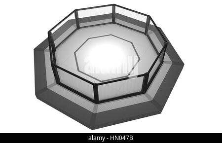 3D reso illustrazione di un MMA, arti marziali miste, Gabbia combattimenti arena. Anello è conformata come un ottagono con bianco opaco e recinti che circondano ed Foto Stock