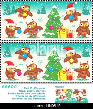 Il Natale di gufi trovare le differenze rompicapo Illustrazione Vettoriale