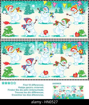 Trovare le differenze foto puzzle - giocoso pupazzi di neve Illustrazione Vettoriale