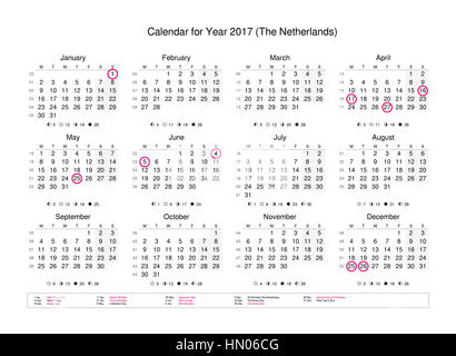 Calendario dell'anno 2017 con giorni festivi e giorni festivi per i Paesi Bassi Foto Stock