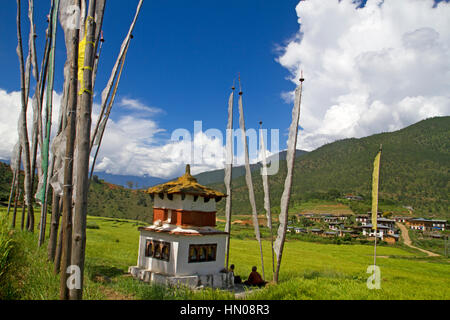 Chorten in campi di riso in Punakha Foto Stock