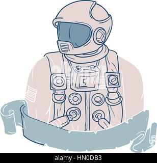 Disegno stile sketch illustrazione di un astronauta busto guardando al lato impostato su isolato sfondo bianco con nastro. Illustrazione Vettoriale