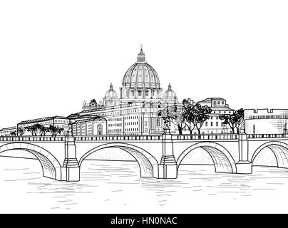 Roma Paesaggio con la basilica di san Pietro. città italiana famoso segno distintivo skyline. Viaggiare in Italia incisione. Roma architettoniche sullo sfondo della città Illustrazione Vettoriale