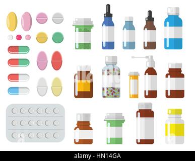 Insieme di diversi isolati, pillole colorate e bottiglie di medico Illustrazione Vettoriale