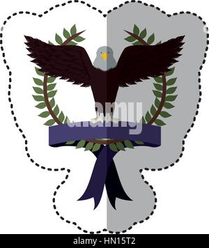 Adesivo colorato con corona di oliva con nastro e aquila con ali aperte Illustrazione Vettoriale