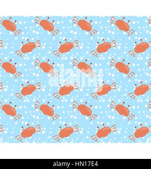 Seamless pattern del mare. Il granchio di colore arancione e bianco bolle sulla luce blu Illustrazione Vettoriale