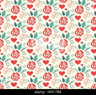 Amore senza giunture configurazione astratta con rose fiori e cuori su Illustrazione Vettoriale