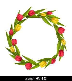 Telaio a cerchio con tulipani rossi e fiori di colore giallo isolato sulla Pentecoste Illustrazione Vettoriale