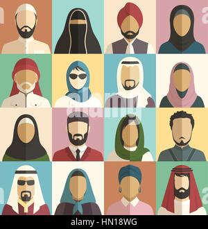 Set di musulmani islamici facce Avatar icone di caratteri Illustrazione Vettoriale