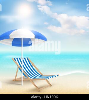 Spiaggia con ombrellone, sdraio sulla spiaggia e le nuvole. Vacanze estive Illustrazione Vettoriale