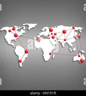 Mappa del mondo con punto rosso contrassegni sulla scala di grigi Illustrazione Vettoriale
