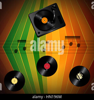 Musica pentagramma con note disco in vinile e ruotabile su strisce di Vintage Background Foto Stock