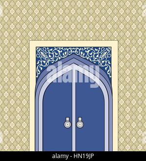 Portale in lingua araba stile architettonico. arco di pietra modellato con porta chiusa. islamica moschea design porta per il messaggio di saluto. sfondo seamle orientali Illustrazione Vettoriale