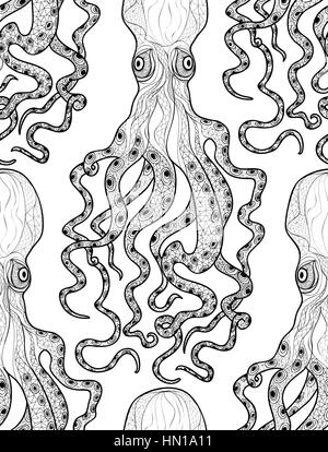 Il polpo seamless pattern. mare Mostro ornamento. vita marina sfondo piastrellato. pesce subacquea motivo ornamentale. Illustrazione Vettoriale