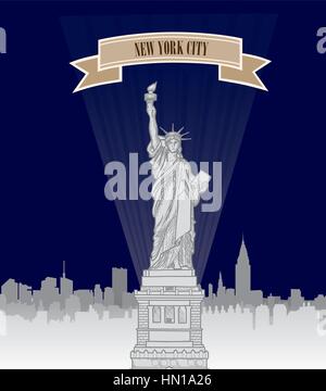 New york, Stati Uniti d'America. dello skyline di New York City con silhouette monumento liberty. american landmark. urban paesaggio architettonico. cityscape sfondo rétro moo Illustrazione Vettoriale