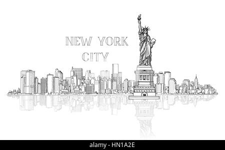 New york, Stati Uniti d'America skyline background. città incisione silhouette con libertà monumento. american landmarks. urban paesaggio architettonico. cityscape con Illustrazione Vettoriale