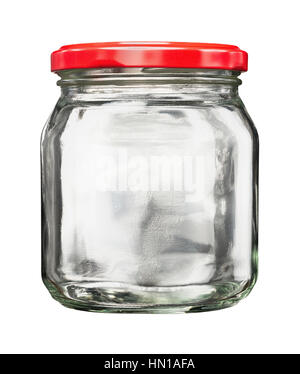 Vuoto chiuso il vasetto di vetro con coperchio metallico, isolato su bianco Foto Stock