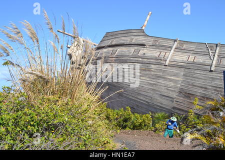 Naufragio, interessanti nave di legno a terra, decorazione e funzione nel parco, Corralejo, Fuerteventura, Spagna, bella statua lignea di Lion di poppa Foto Stock