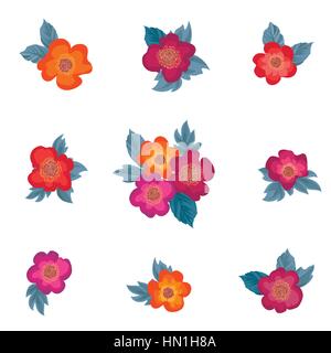Flower set. floal bouquet raccolta su sfondo bianco fiori foglie con elementi di design per il fiorire della scheda Messaggi di saluto Illustrazione Vettoriale