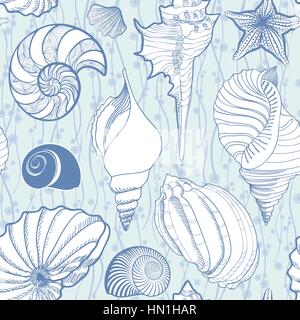 Seashell seamless pattern. vacanze estate sfondo marino. subacqueo testurizzato ornamentali delineando lo sfondo con conchiglie, stella di mare e sabbia. Illustrazione Vettoriale