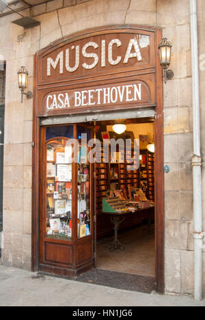 Negozio di fronte a casa Beethoven. Una musica scorre shop tradeing su La Rambala Barcellona. La Rambla, 97 08002 Barcelona Foto Stock