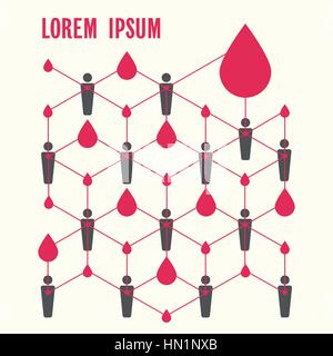 La donazione di sangue modello Poster sagome di uomini con un cuore collegato ad ogni altra donazione sangue design piatto Illustrazione Vettoriale