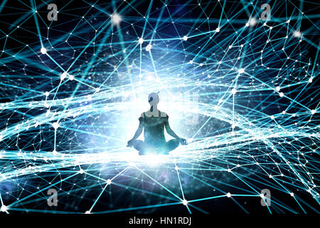 Imprenditrice seduta in lotus pongono contro il concetto di connessione dello sfondo. Il rendering 3D Foto Stock