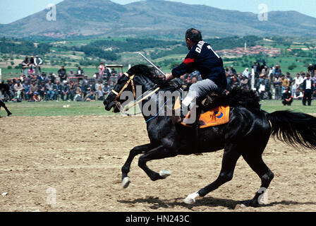 Turco cavaliere a cavallo al galoppo a Jerred, Cirit o Jirit gioco, una sorta di cavallo o giostra Contest, uno sport legati al Polo, Turchia Foto Stock