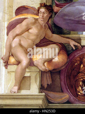 Michelangelo - Cappella Sistina - Ignudo sopra Cumaean Sibyl - ripristino Foto Stock