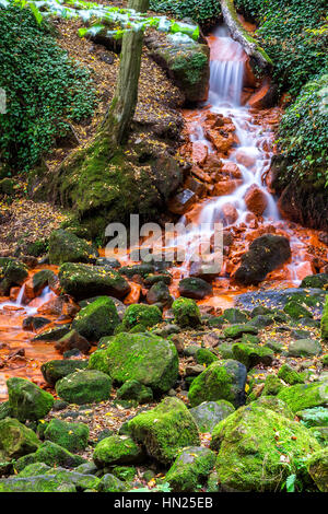Bella cascata con alberi e foglie rosse, delle rocce e delle pietre nella foresta di autunno. Foto Stock