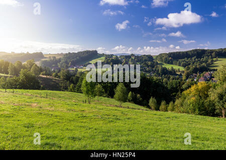 Svizzera sassone (della Svizzera boema o Ceske Svycarsko) prato e il villaggio in una giornata di sole in estate Foto Stock