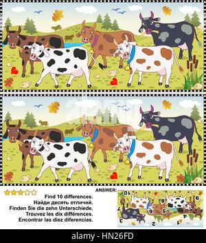 Trovare le differenze rompicapo - mucche. Vettore e ad elevata risoluzione JPEG. Illustrazione Vettoriale