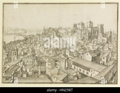 Una veduta del XVII secolo di Avignone, di Étienne Martellange, un artista francese, che guarda a nord oltre i tetti dalla torre del municipio, con il Palais des Papes in alto a destra e le rovine del Pont Saint-Bénézet in alto a sinistra. Foto Stock