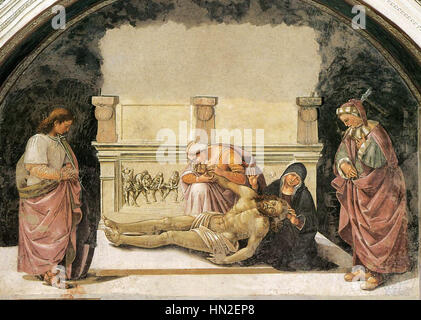 Il "Lamentazione sul Cristo morto" di Luca Signorelli raffigura la scena dolorosa della morte di Cristo, accompagnata dai Santi Faustino e Parenzio. L'opera è nota per la sua drammatica espressione di dolore, dettagli intricati e profonda intensità emotiva. Foto Stock