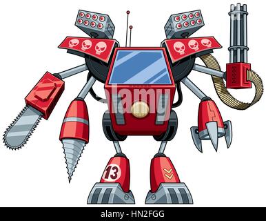 Red robot in piena battaglia ingranaggio. Illustrazione Vettoriale