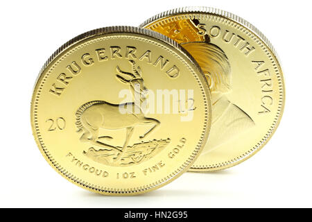 South African 1 oncia Gold bullion monete isolati su sfondo bianco Foto Stock