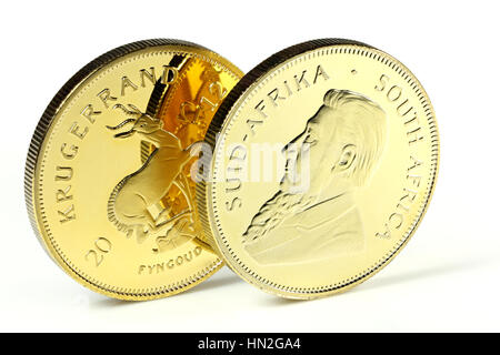 South African 1 oncia Gold bullion monete isolati su sfondo bianco Foto Stock